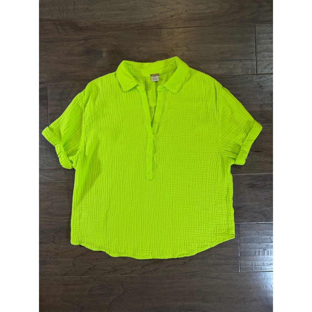 Magaschoni Women Neon Lime Green Organic Cotton Gauze Short Sleeve Popover Top M